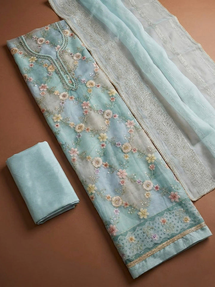 Sky Blue Chanderi Embroidered Unstitched Dress Material