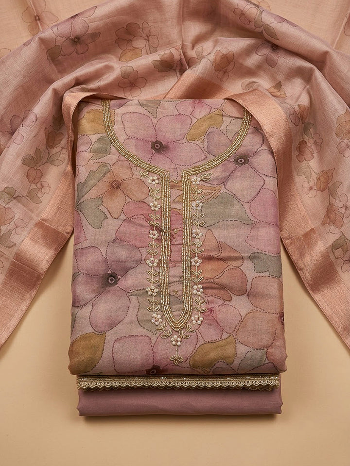 Onion Pink Chanderi Embroidered Unstitched Dress Material
