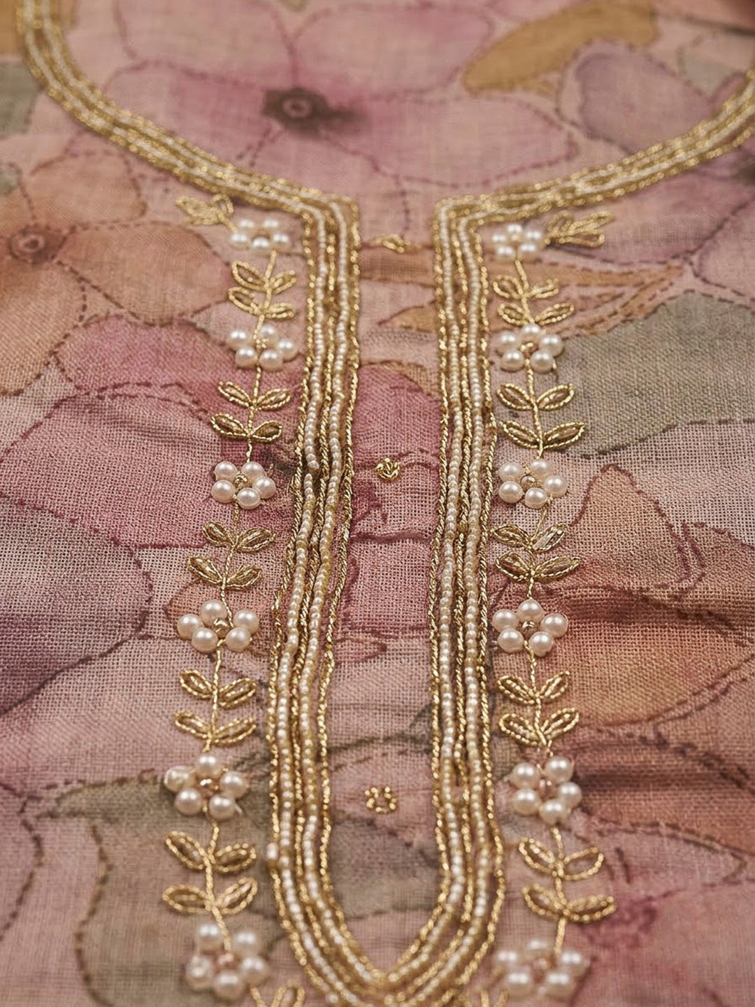 Onion Pink Chanderi Embroidered Unstitched Dress Material