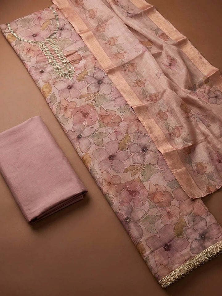 Onion Pink Chanderi Embroidered Unstitched Dress Material