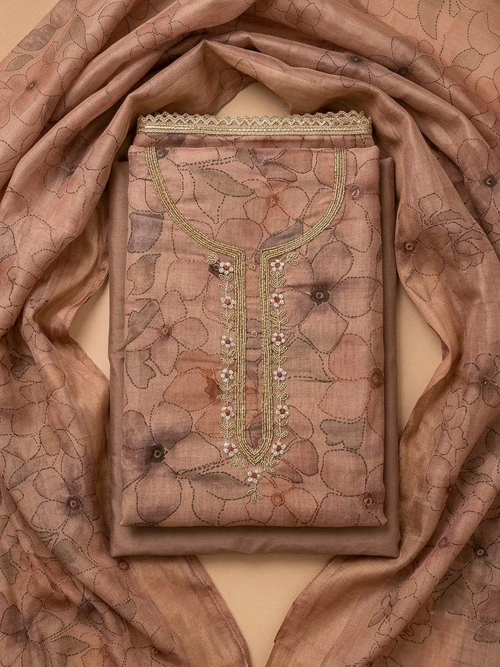 Peach Chanderi Embroidered Unstitched Dress Material