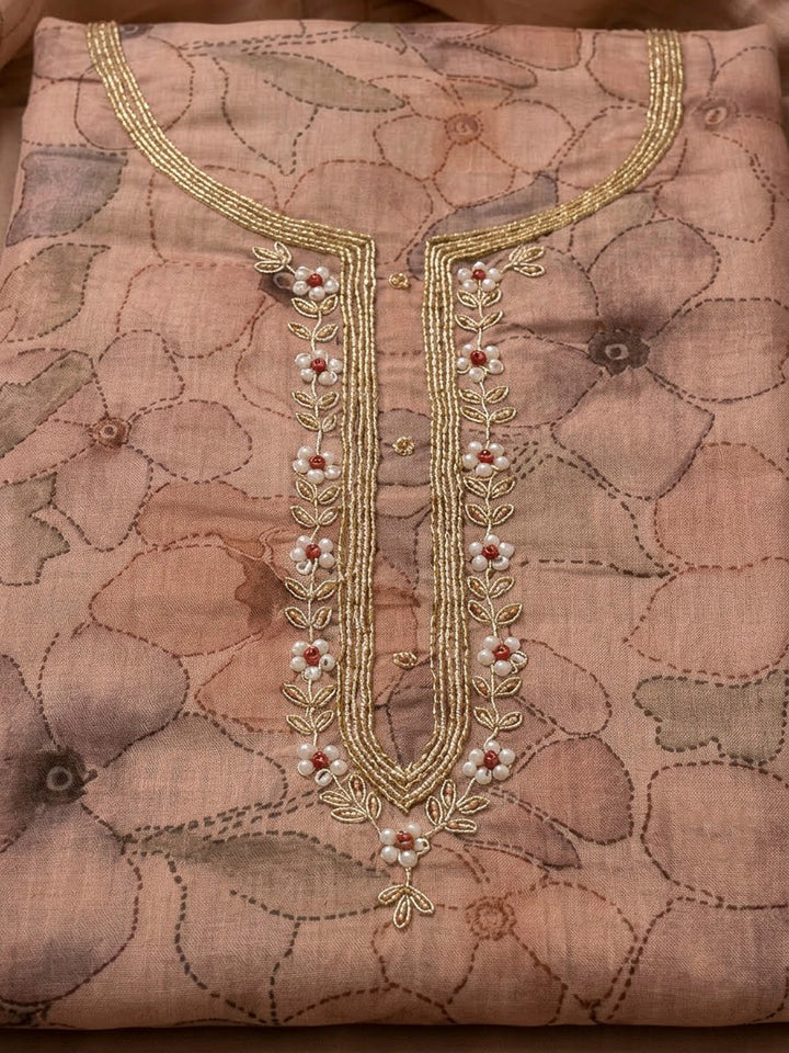 Peach Chanderi Embroidered Unstitched Dress Material
