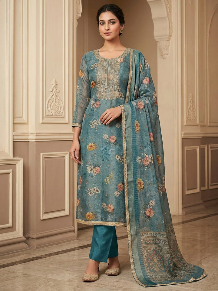 Blue Tissue Embroidered Unstitched Dress Material