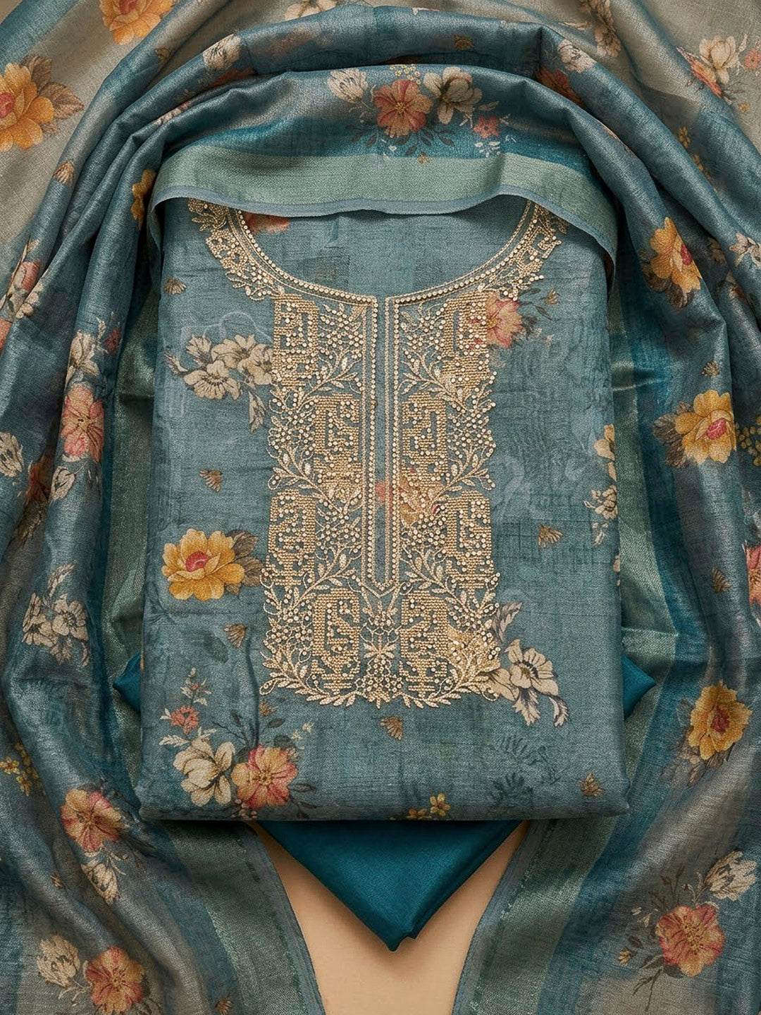 Blue Tissue Embroidered Unstitched Dress Material
