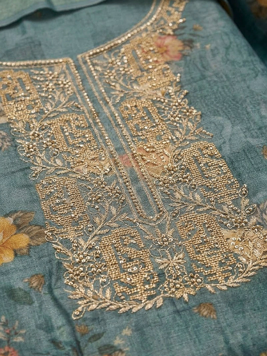 Blue Tissue Embroidered Unstitched Dress Material