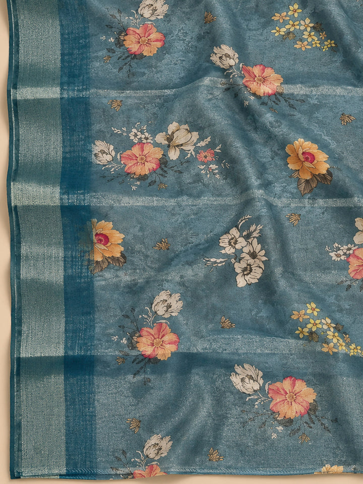 Blue Tissue Embroidered Unstitched Dress Material