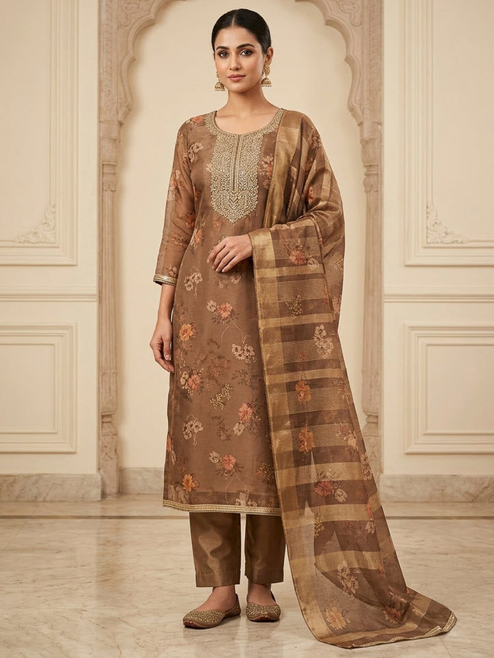 Brown Tissue Embroidered Unstitched Dress Material