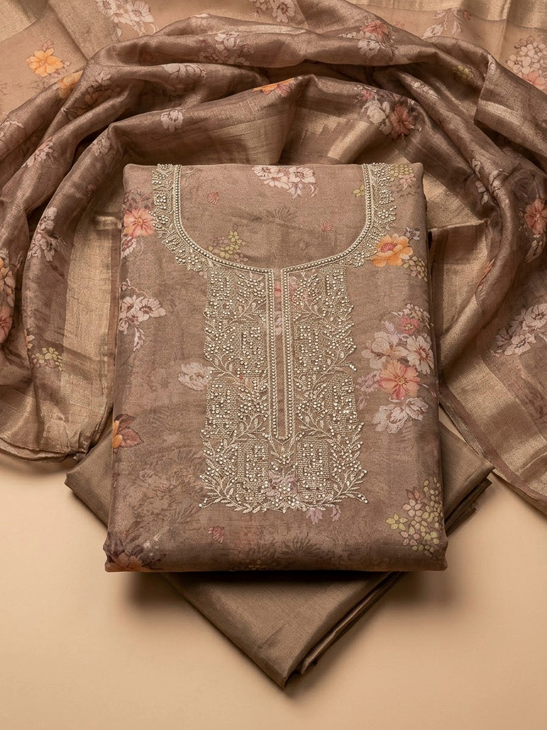 Brown Tissue Embroidered Unstitched Dress Material