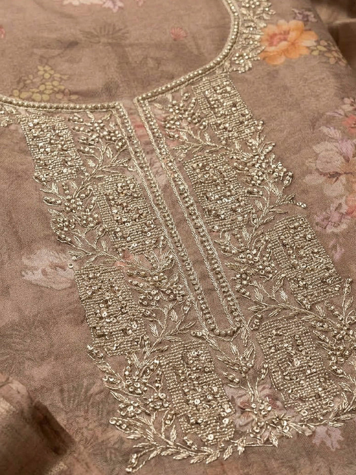 Brown Tissue Embroidered Unstitched Dress Material