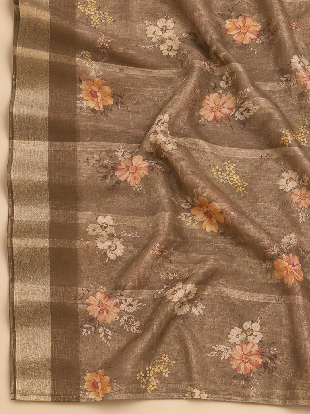 Brown Tissue Embroidered Unstitched Dress Material