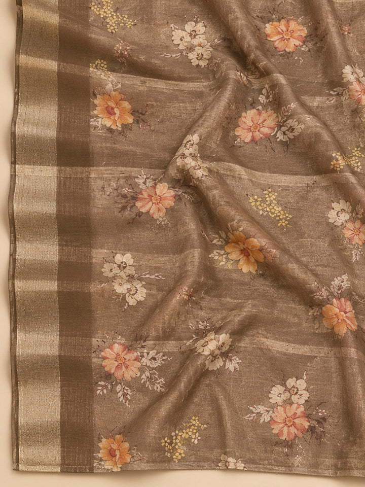 Brown Tissue Embroidered Unstitched Dress Material