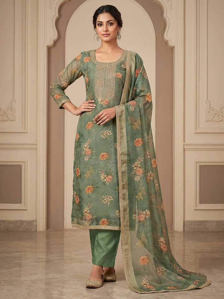 Green Tissue Embroidered Unstitched Dress Material