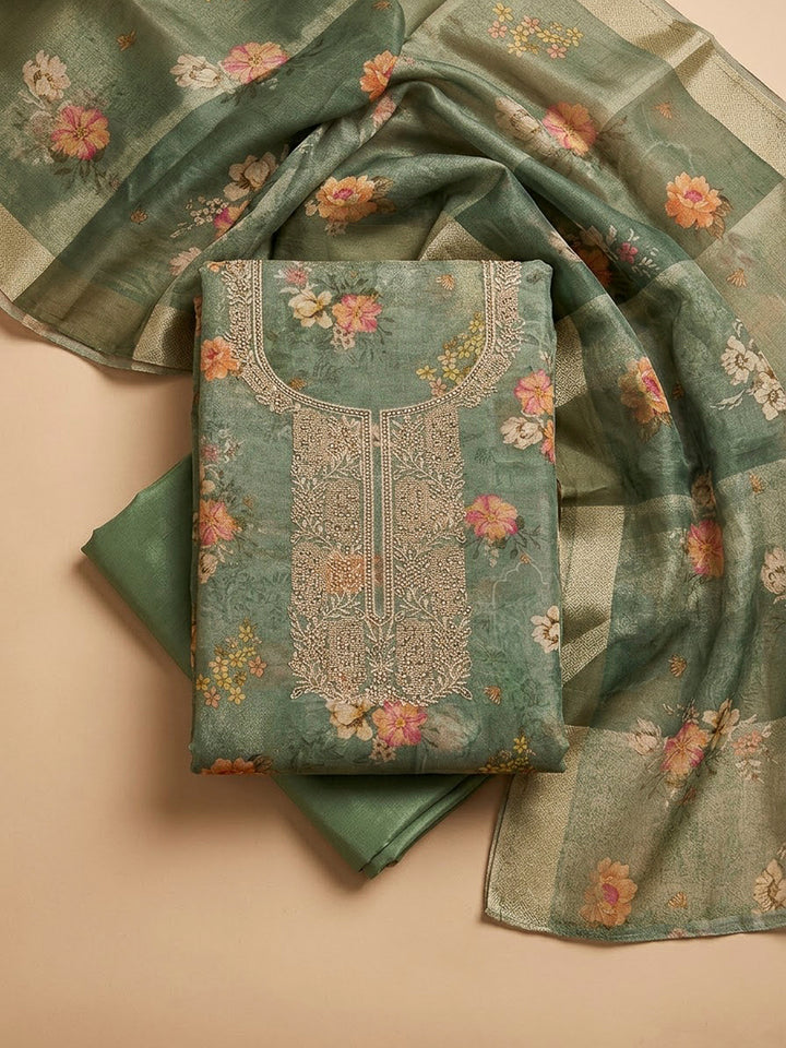 Green Tissue Embroidered Unstitched Dress Material