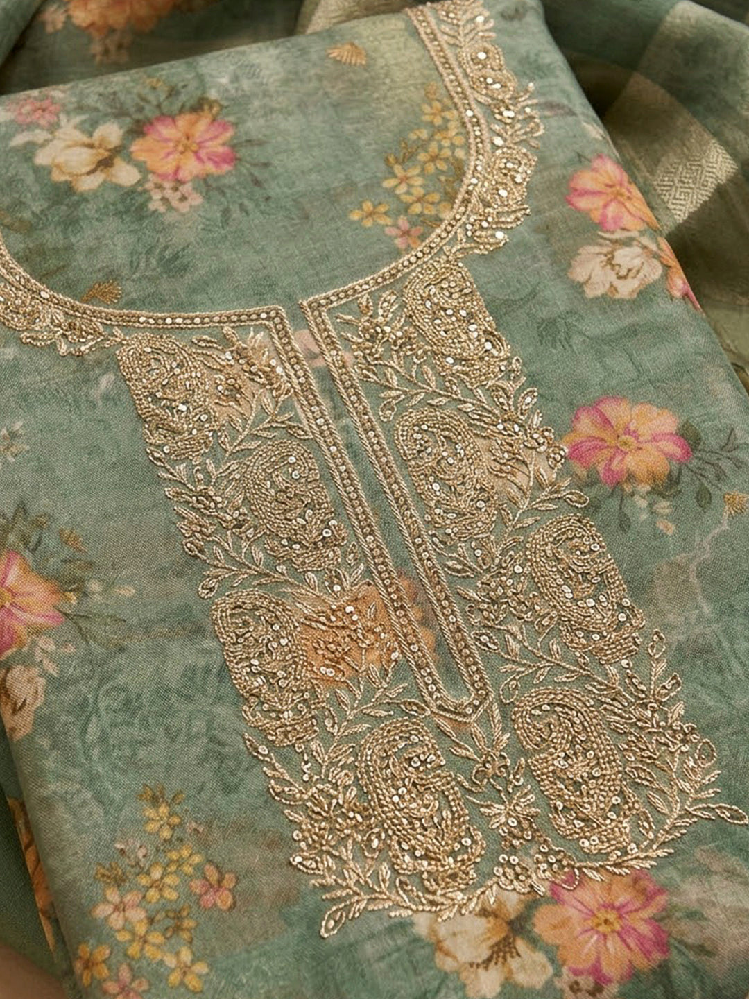 Green Tissue Embroidered Unstitched Dress Material