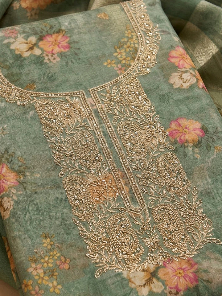 Green Tissue Embroidered Unstitched Dress Material