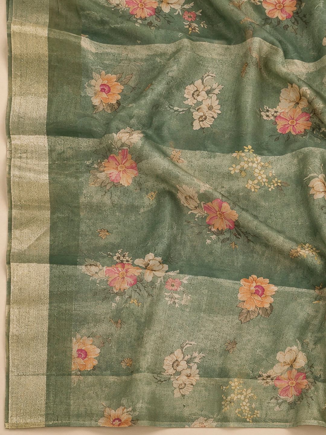 Green Tissue Embroidered Unstitched Dress Material