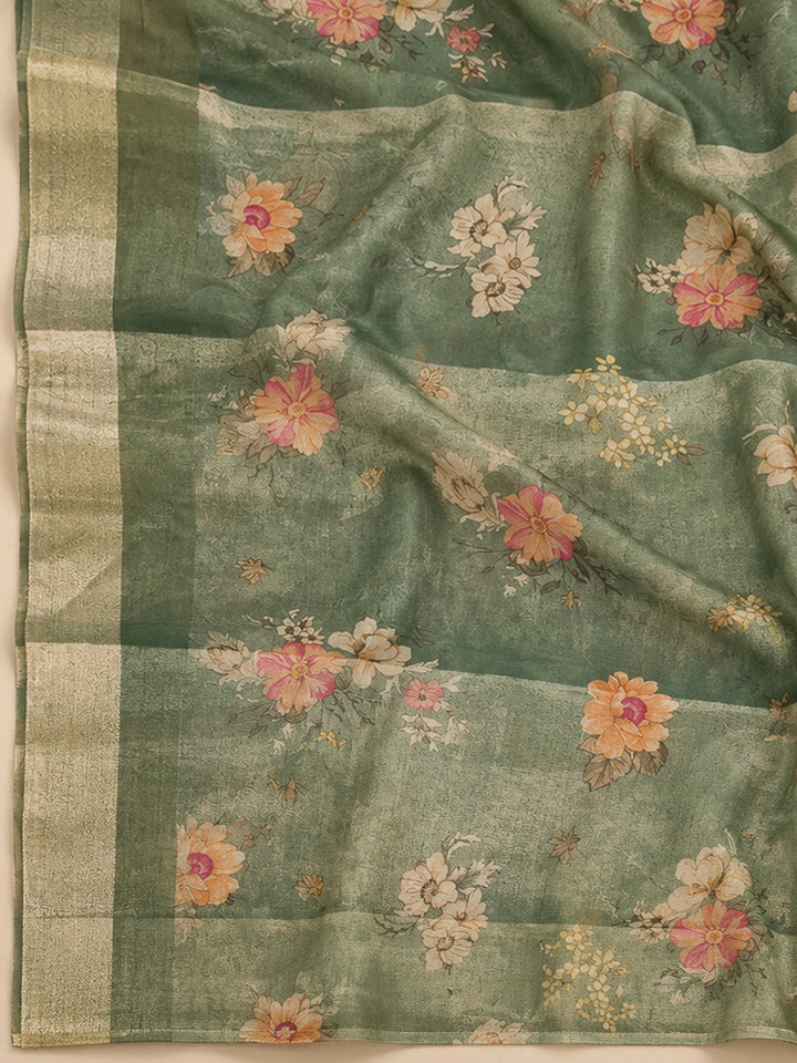 Green Tissue Embroidered Unstitched Dress Material