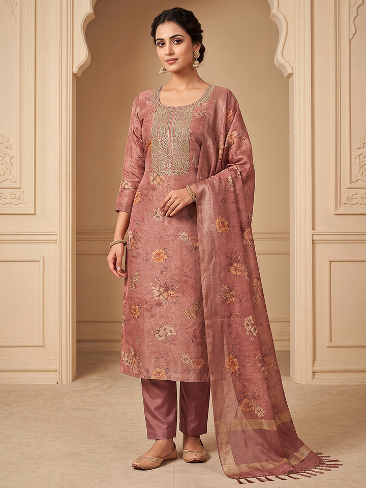Onion Pink Tissue Embroidered Unstitched Dress Material