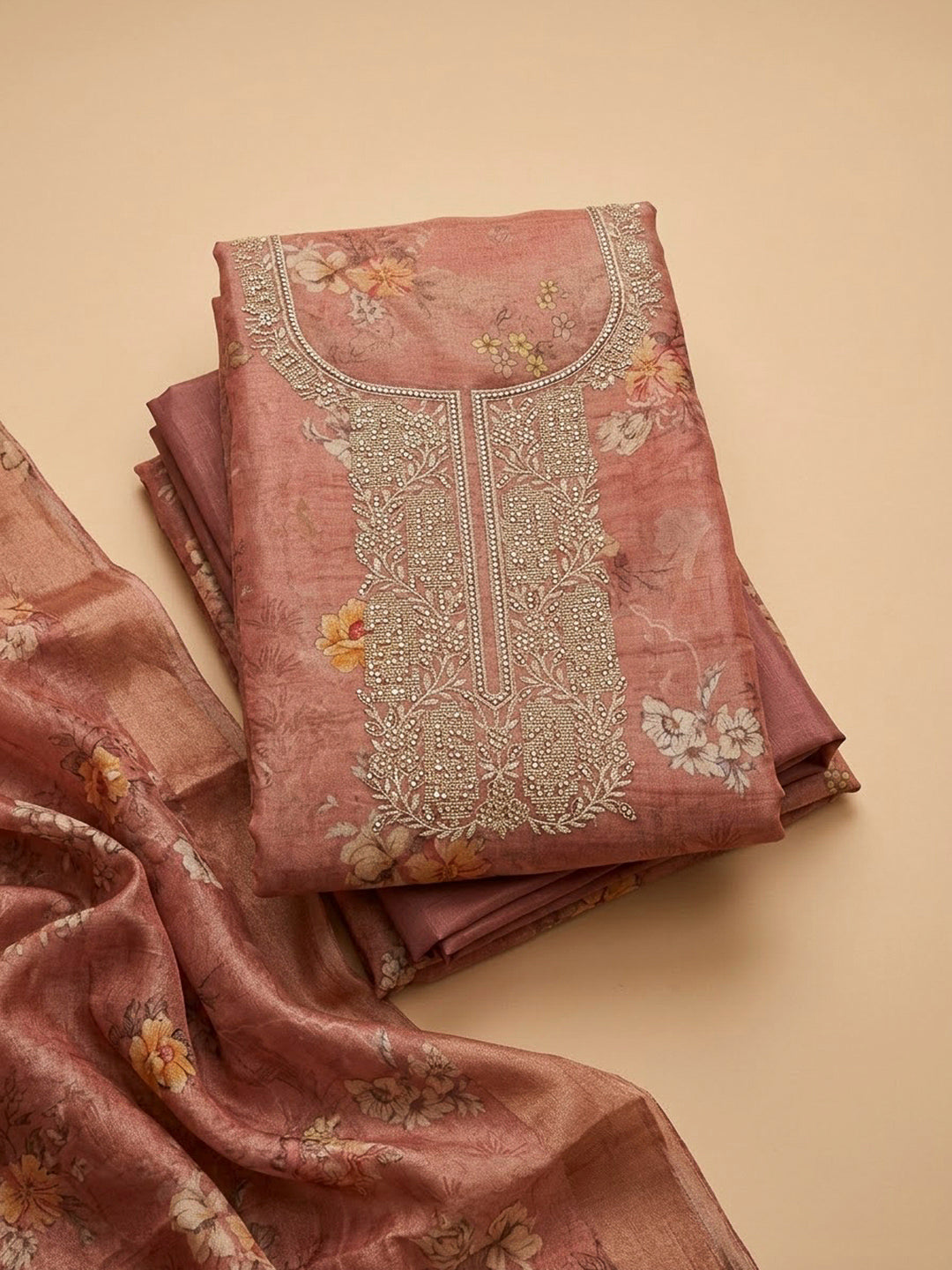 Onion Pink Tissue Embroidered Unstitched Dress Material