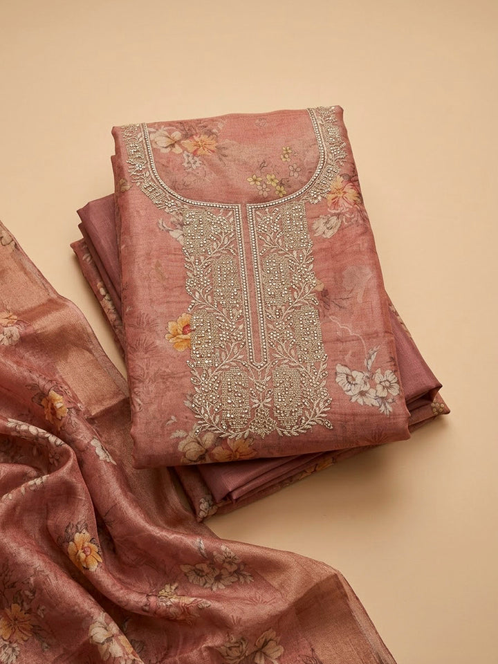 Onion Pink Tissue Embroidered Unstitched Dress Material