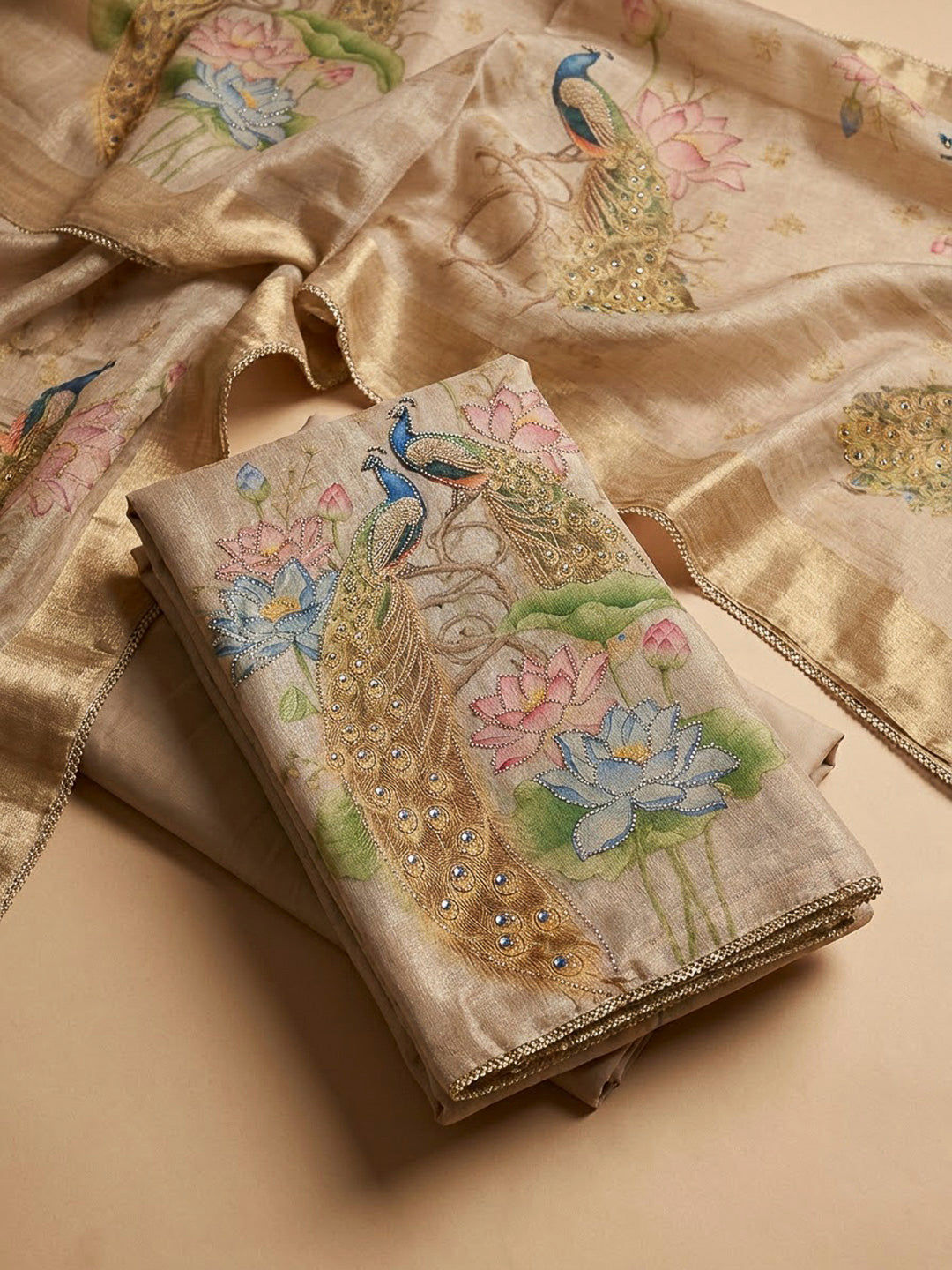 Beige Tissue Embroidered Unstitched Dress Material