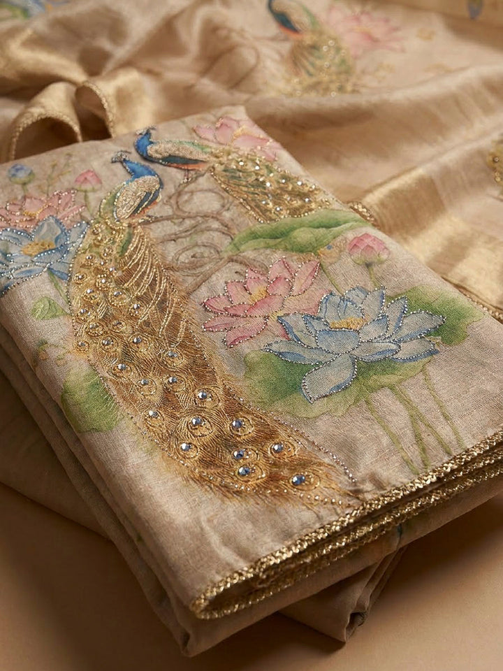 Beige Tissue Embroidered Unstitched Dress Material