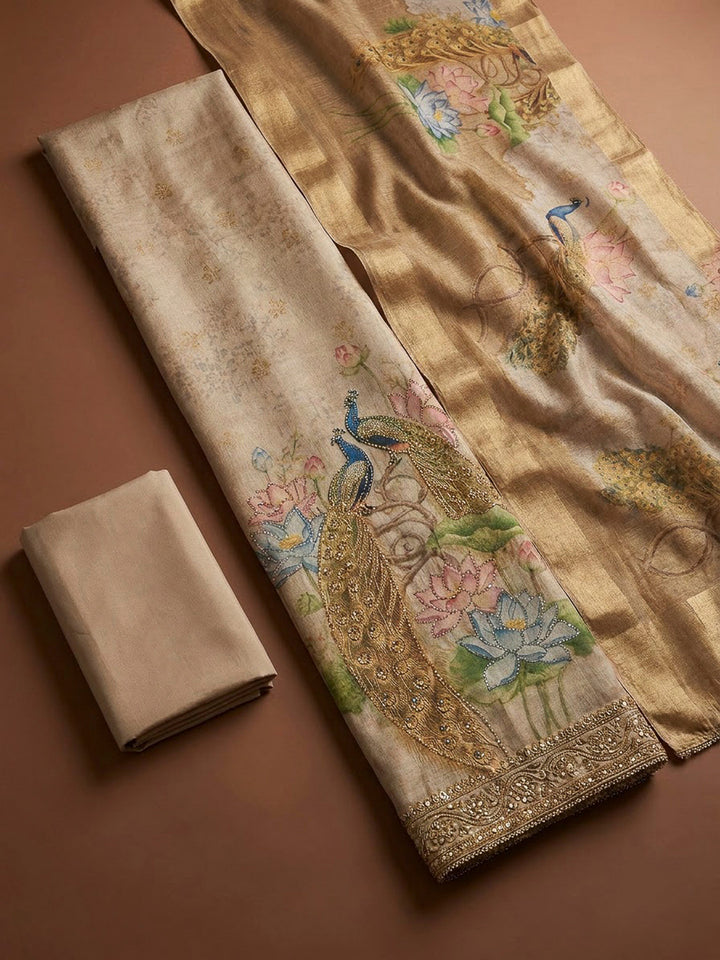 Beige Tissue Embroidered Unstitched Dress Material