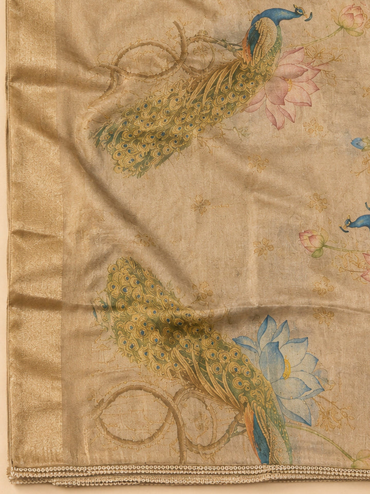 Beige Tissue Embroidered Unstitched Dress Material