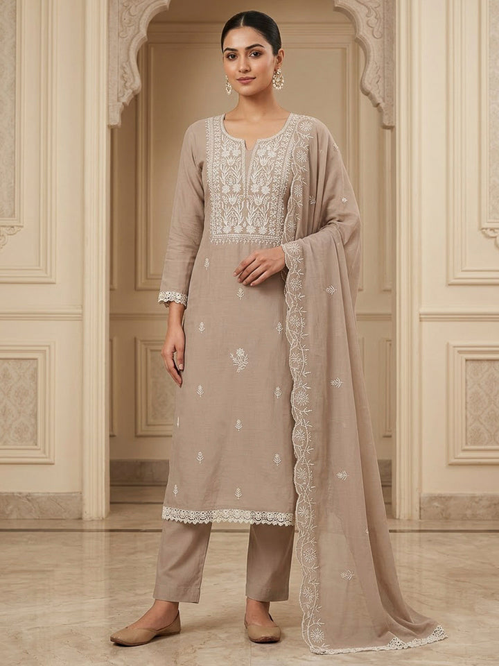 Beige Chanderi Embroidered Unstitched Dress Material
