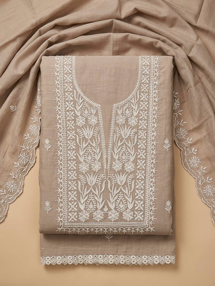 Beige Chanderi Embroidered Unstitched Dress Material
