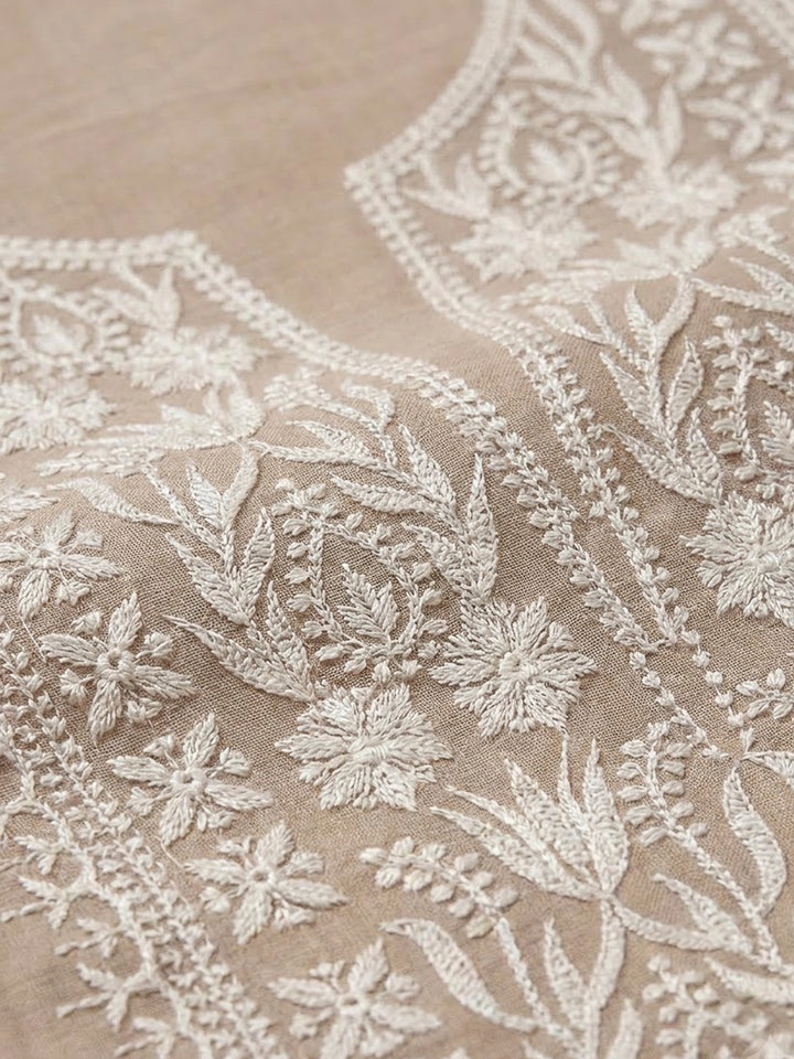 Beige Chanderi Embroidered Unstitched Dress Material