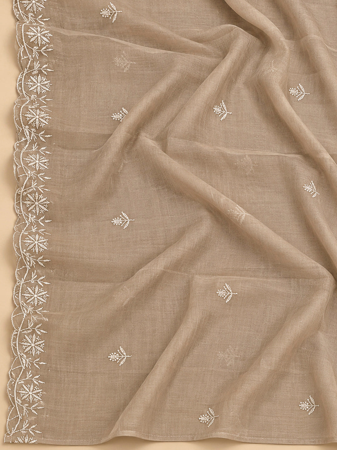 Beige Chanderi Embroidered Unstitched Dress Material