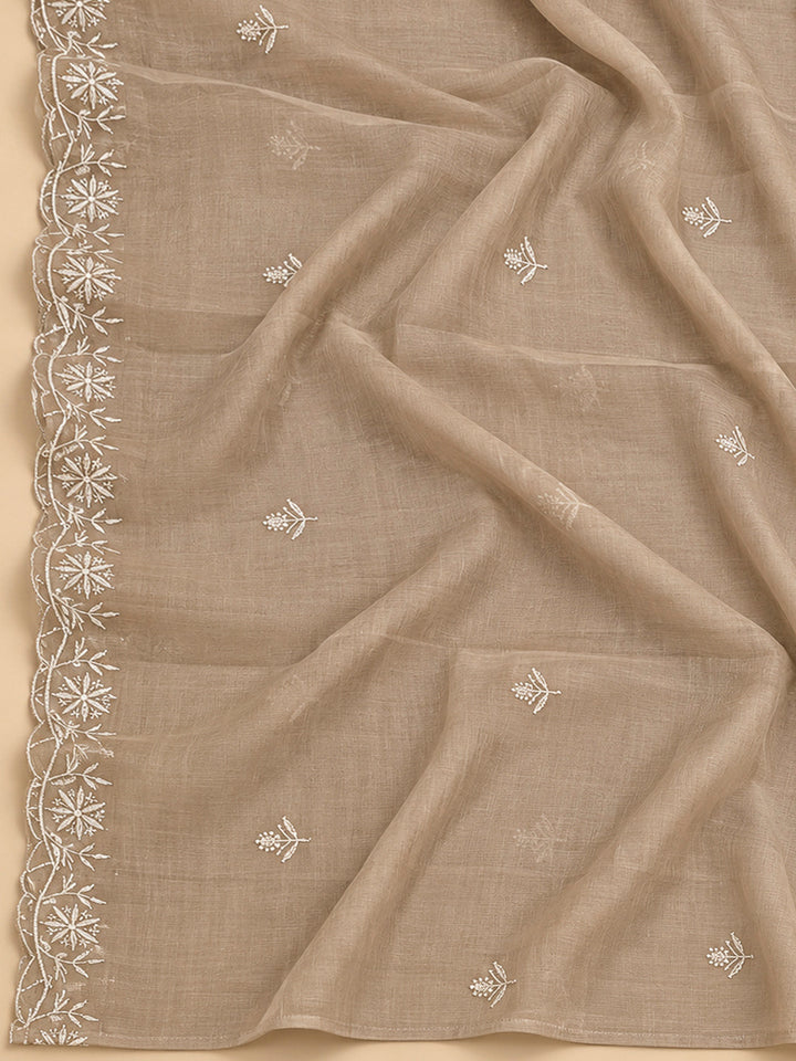 Beige Chanderi Embroidered Unstitched Dress Material