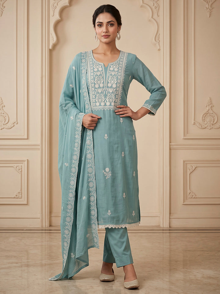 Blue Lt Chanderi Embroidered Unstitched Dress Material