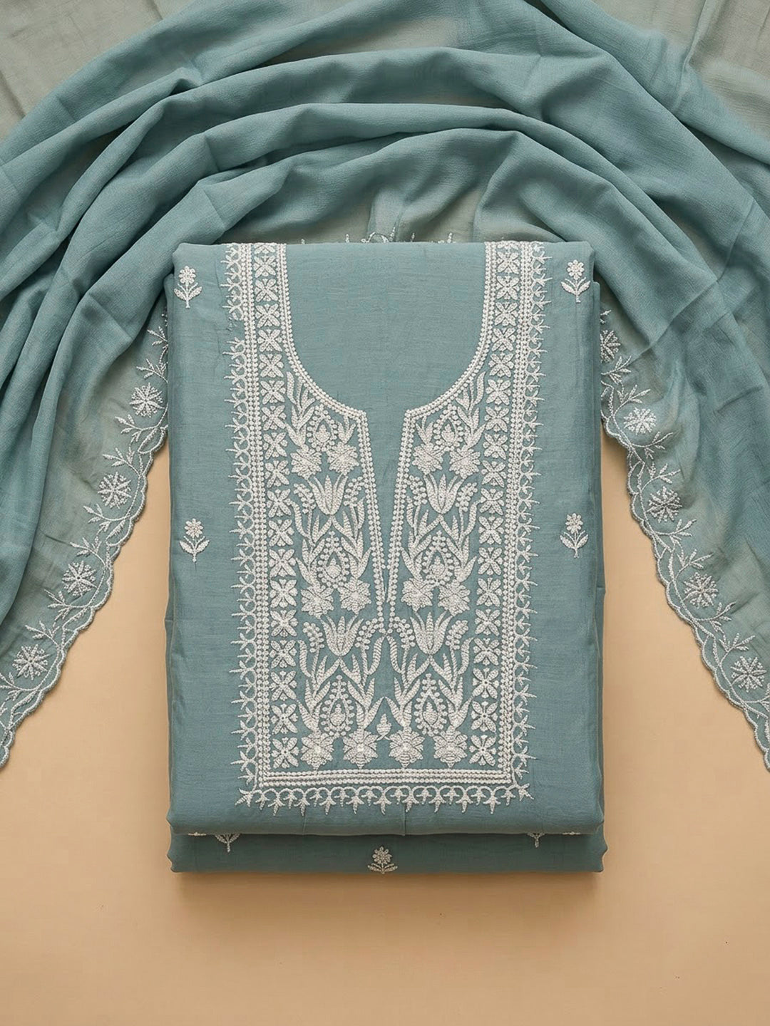 Blue Lt Chanderi Embroidered Unstitched Dress Material