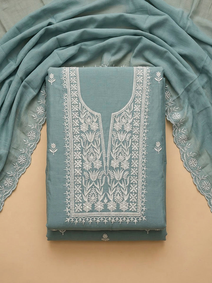 Blue Lt Chanderi Embroidered Unstitched Dress Material