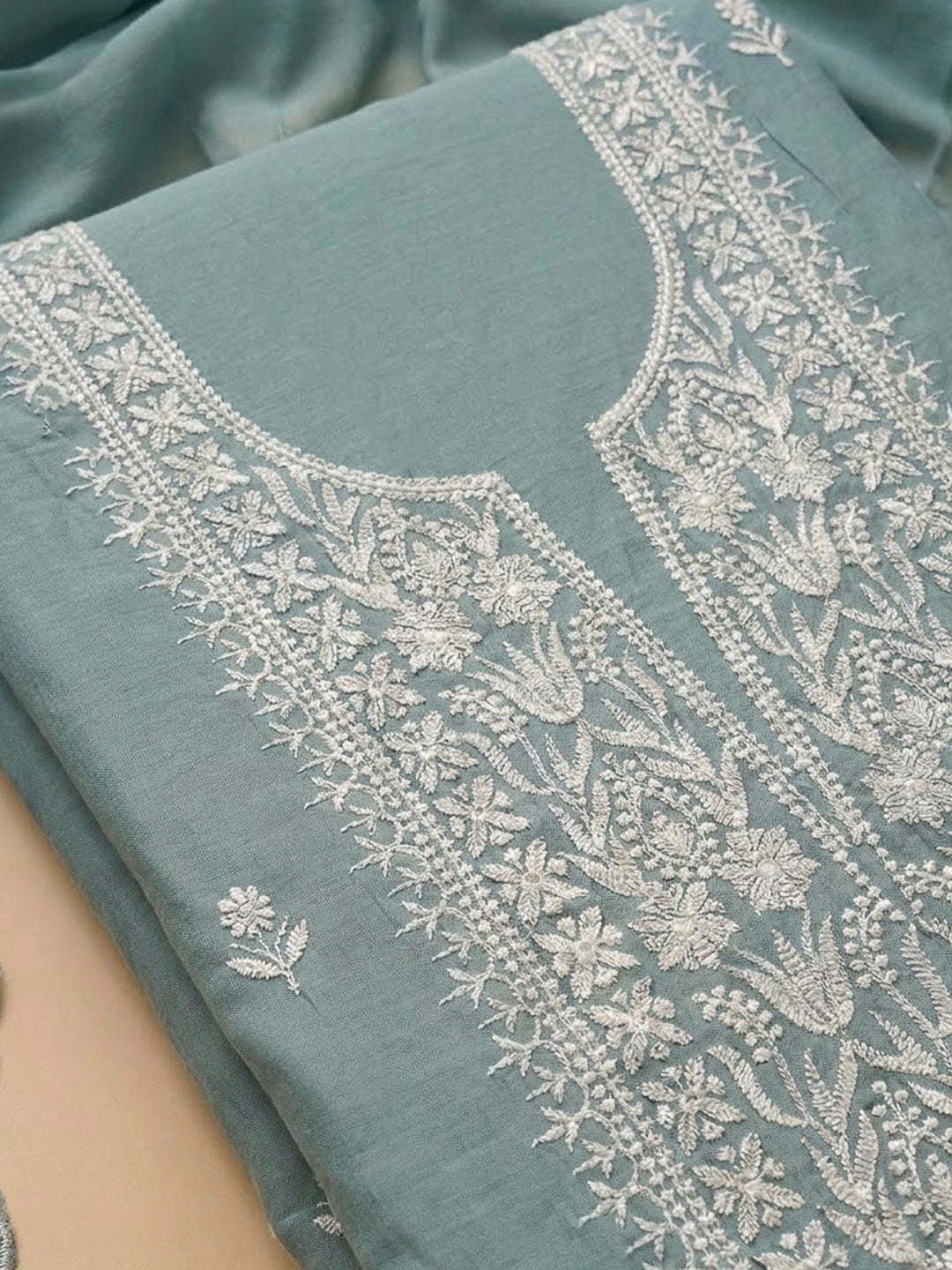 Blue Lt Chanderi Embroidered Unstitched Dress Material
