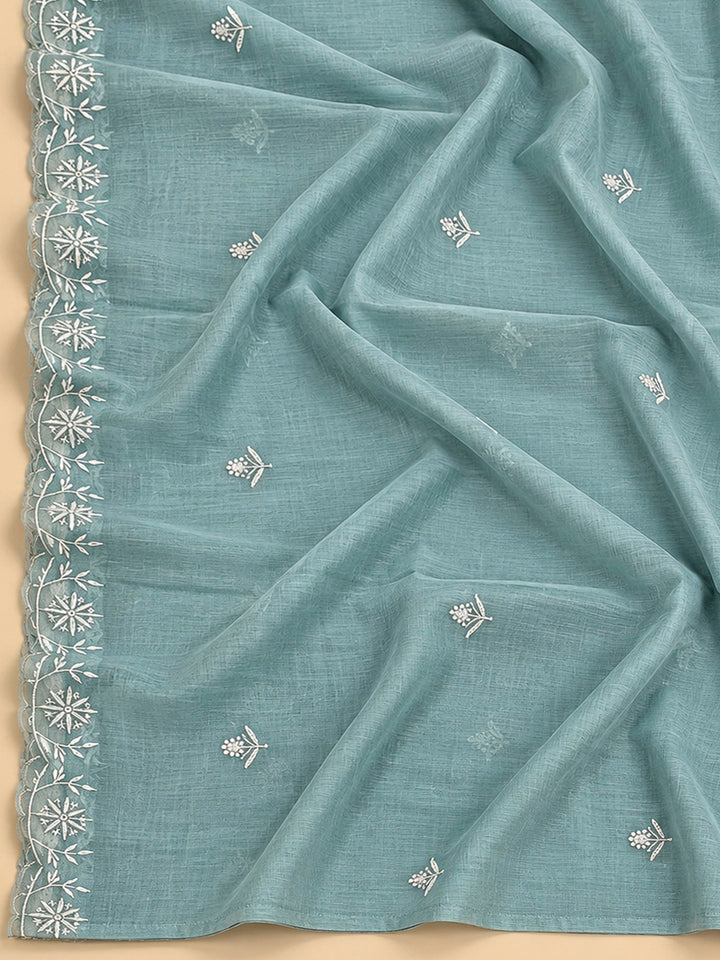 Blue Lt Chanderi Embroidered Unstitched Dress Material