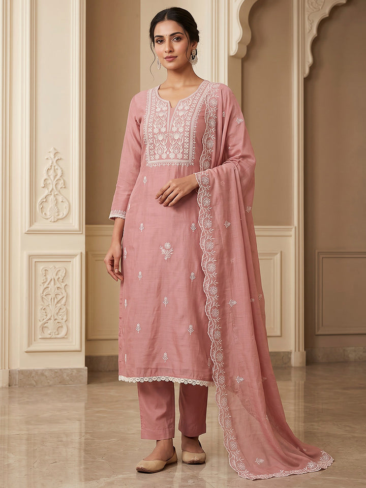 Peach Chanderi Embroidered Unstitched Dress Material