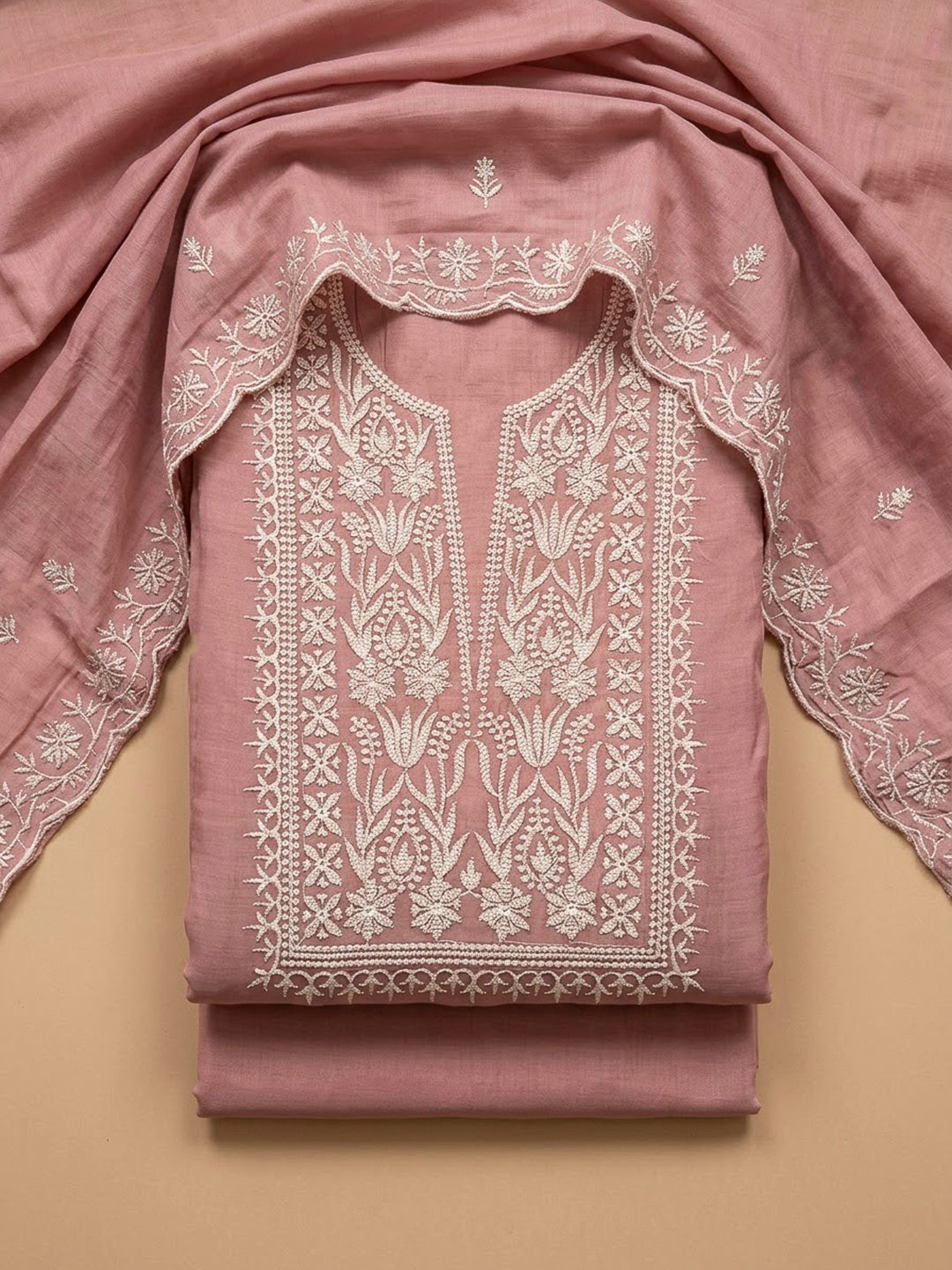 Peach Chanderi Embroidered Unstitched Dress Material