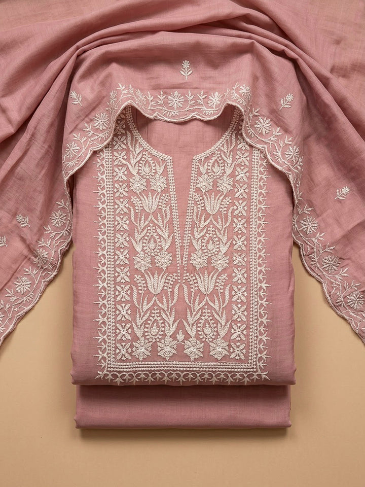 Peach Chanderi Embroidered Unstitched Dress Material