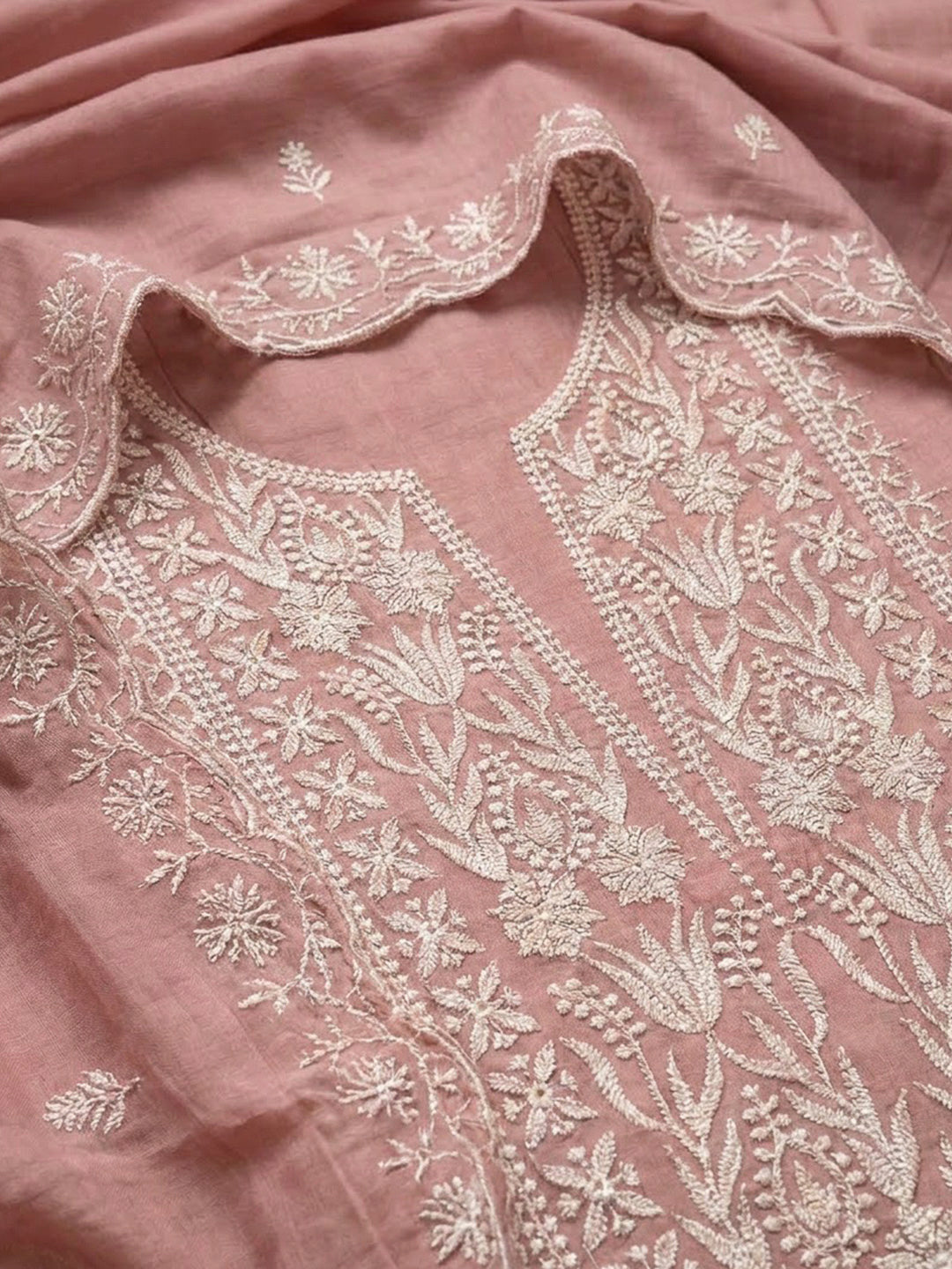 Peach Chanderi Embroidered Unstitched Dress Material