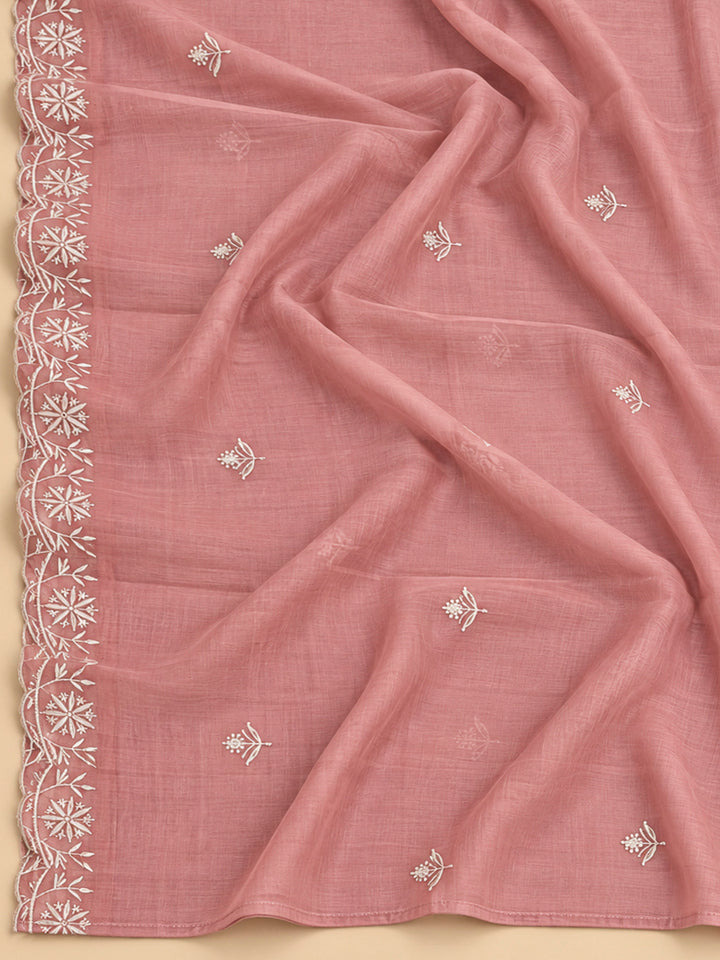 Peach Chanderi Embroidered Unstitched Dress Material