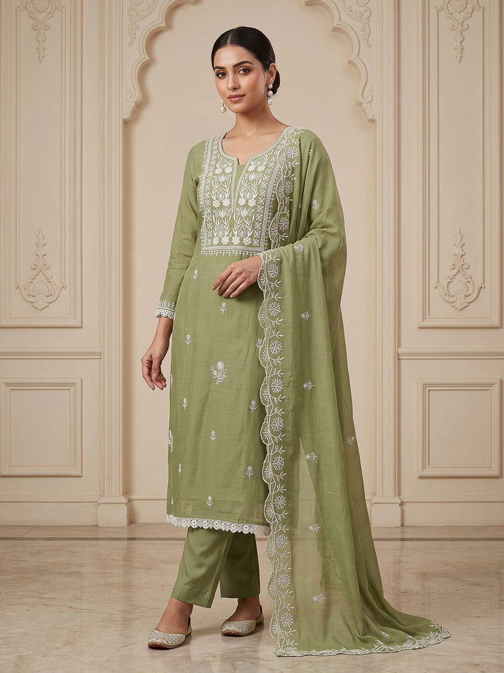 Pista Green Chanderi Embroidered Unstitched Dress Material