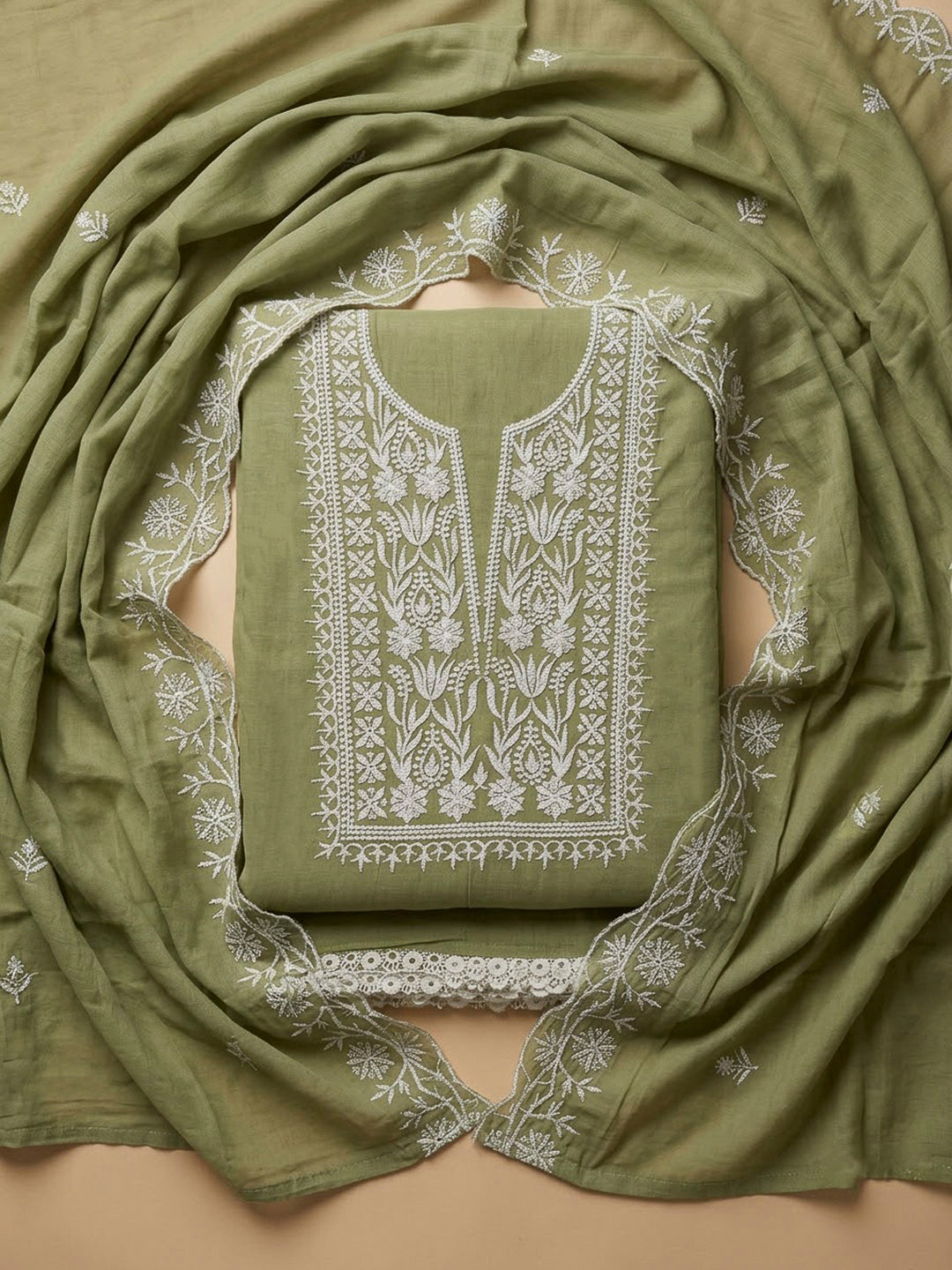 Pista Green Chanderi Embroidered Unstitched Dress Material