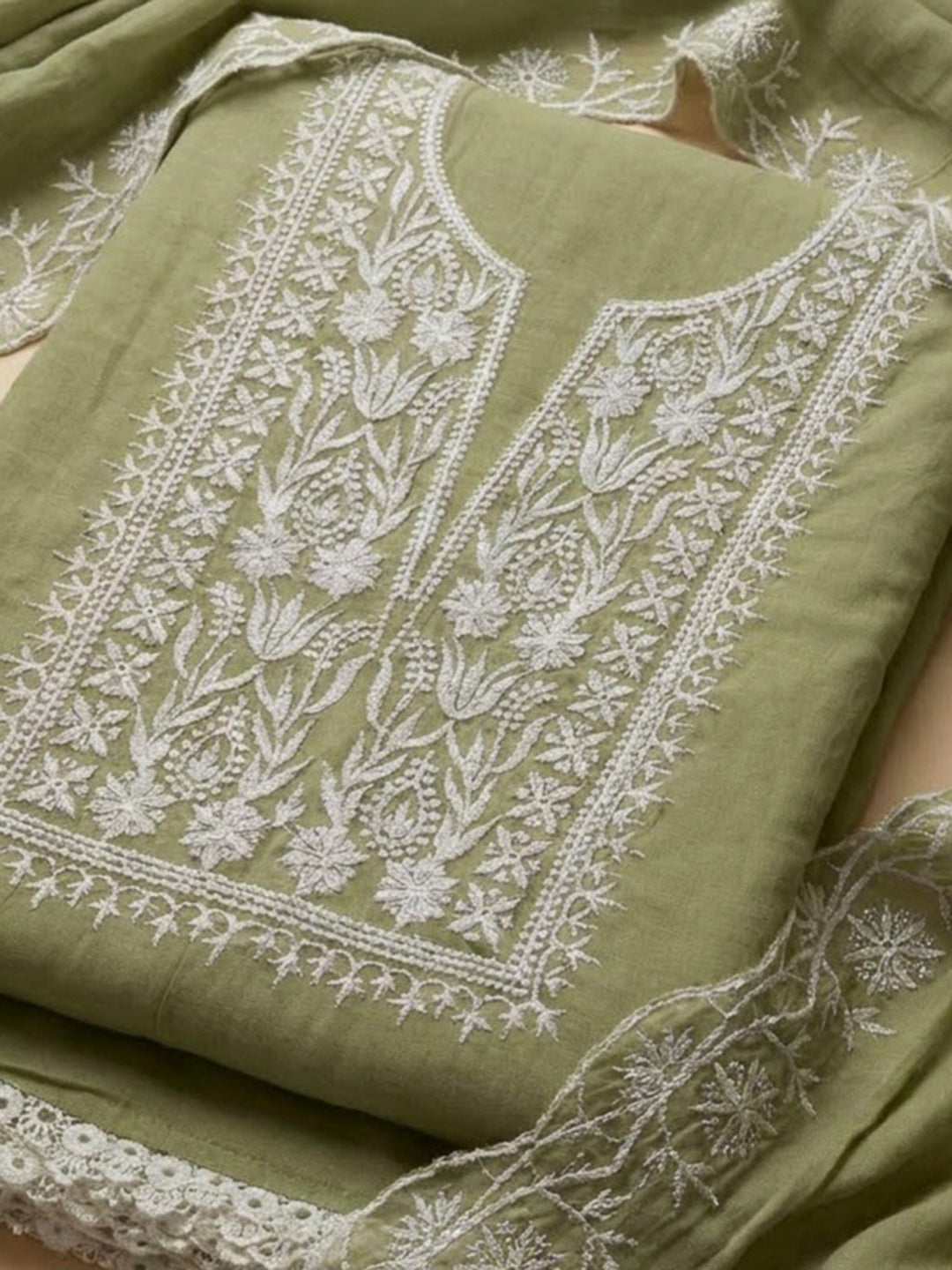 Pista Green Chanderi Embroidered Unstitched Dress Material