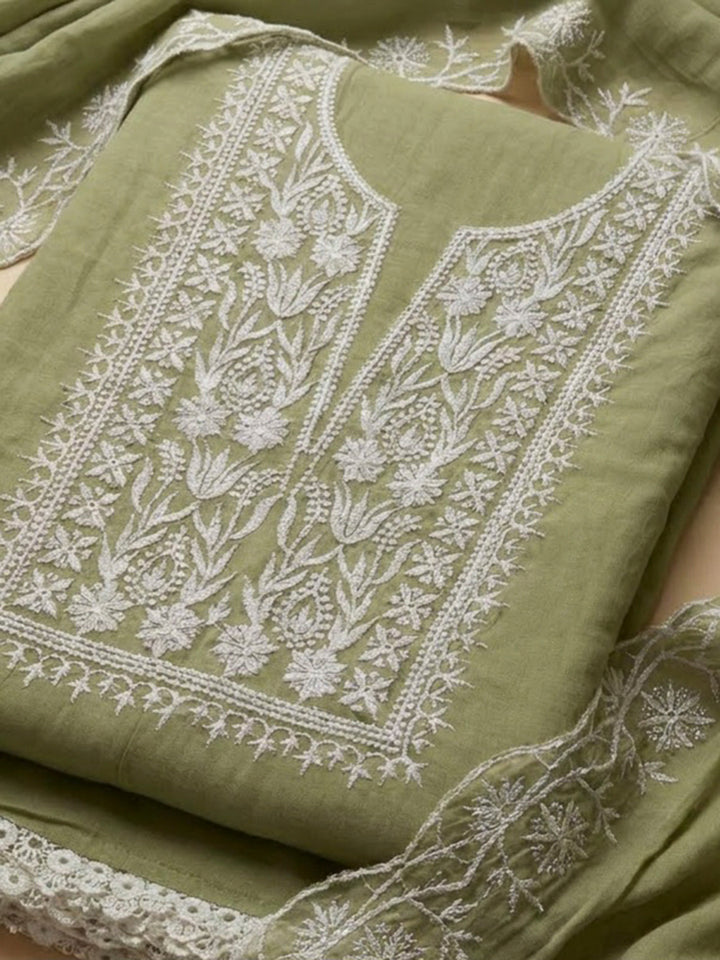 Pista Green Chanderi Embroidered Unstitched Dress Material