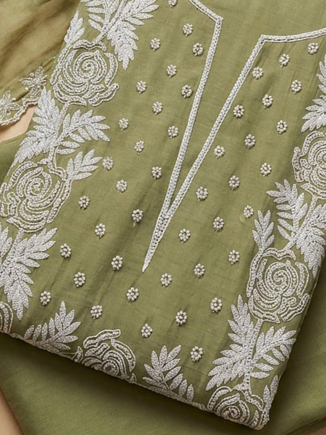 Mehndi Chanderi Embroidered Unstitched Dress Material