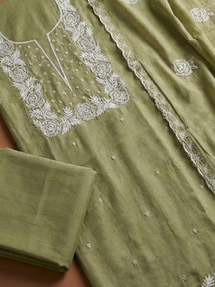 Mehndi Chanderi Embroidered Unstitched Dress Material