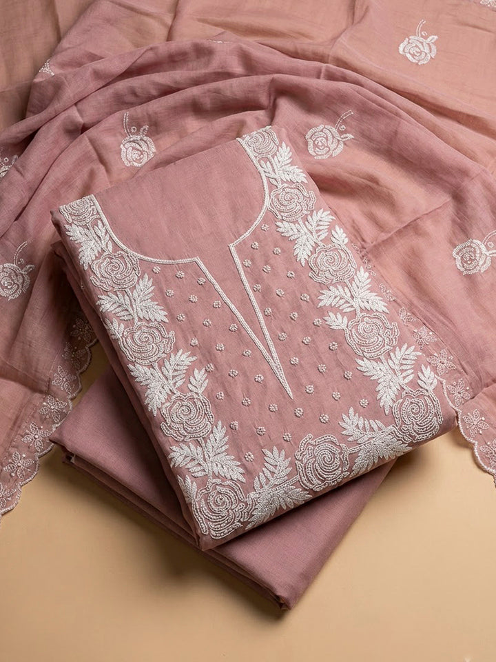 Onion Pink Chanderi Embroidered Unstitched Dress Material